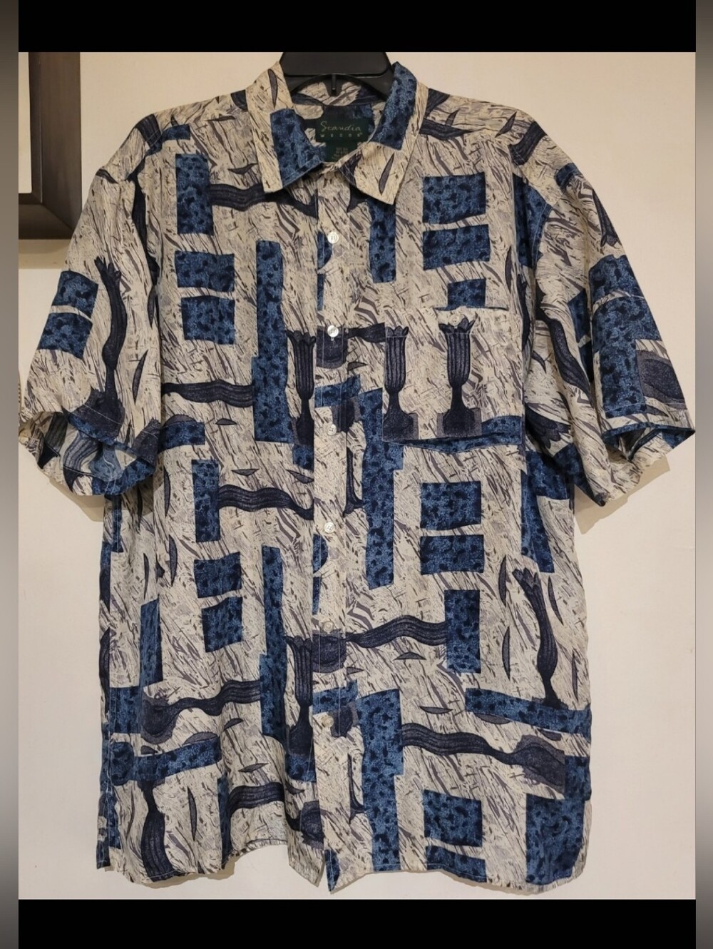 Scandia Woods 100% Silk Blue + Ivory Short Sleeve Shirt Button Front Mens Large